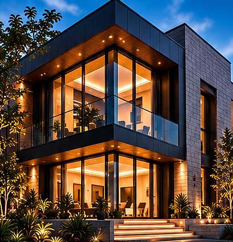 Contemporary two-storey house with full-height glazing lit at dusk